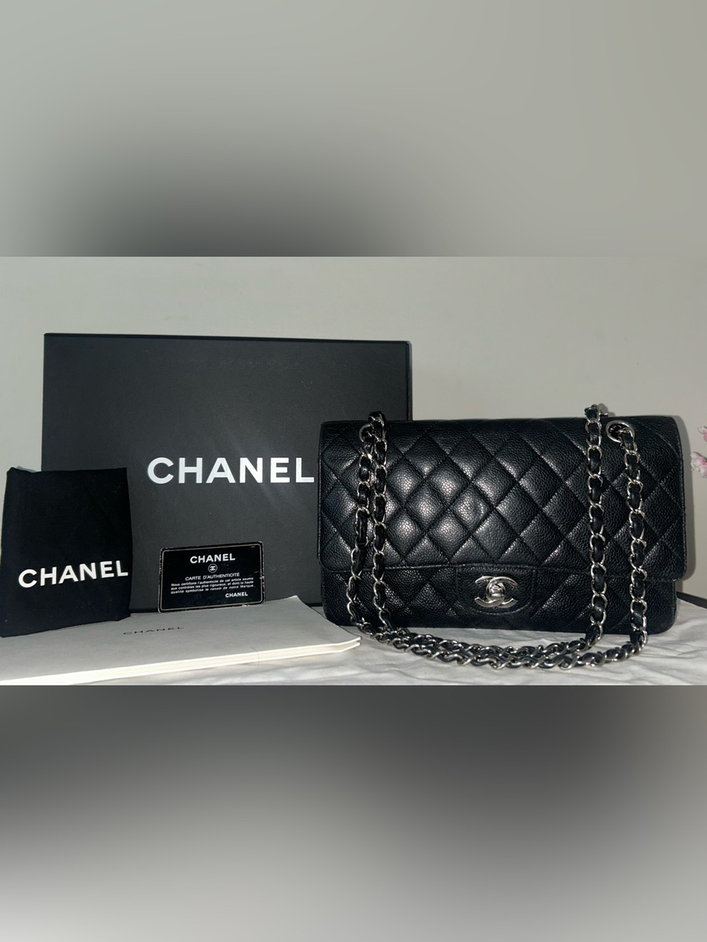 CHANEL Medium Classic Double Flap Caviar Quilted Handbag Black - Full Set